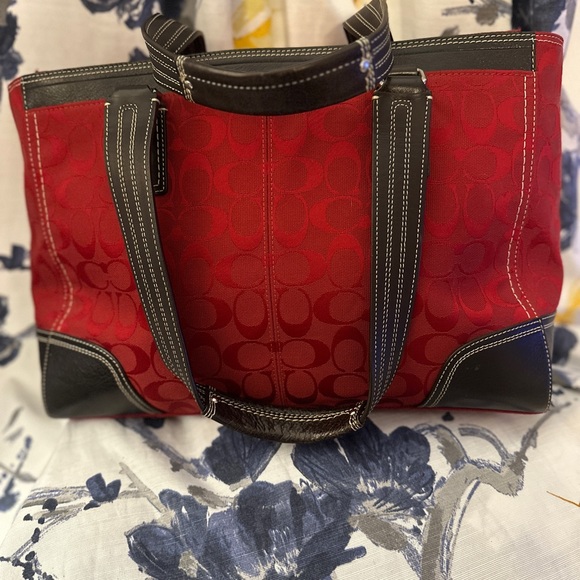 Coach Red Signature Hampton Satchel Handbag Red Leather Trim STYLE F13975. - Picture 3 of 16